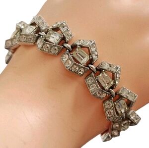 Vintage Signed Bogoff Art Deco Geometric Rhinestone Link Statement Bracelet 7.5"